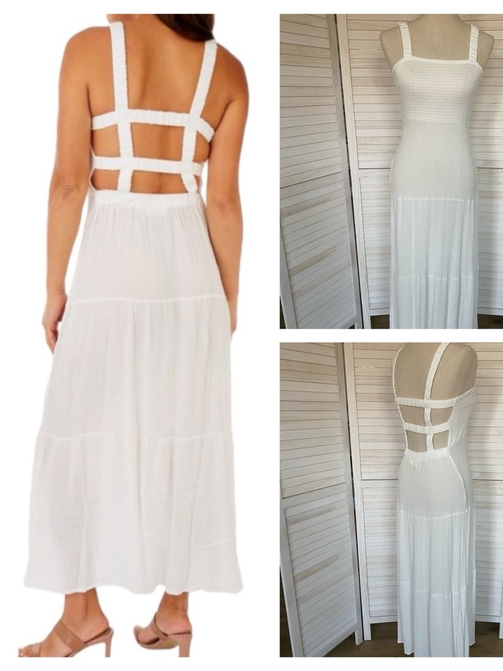 Jolie & Joy White Smocked Bodice Maxi Dress with Cut Out Back SZ L Resortwear - Picture 1 of 15